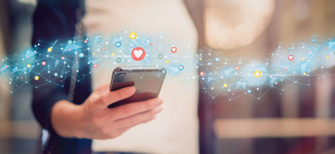 Social media and digital online concept, woman using smartphone and show technology icon.
